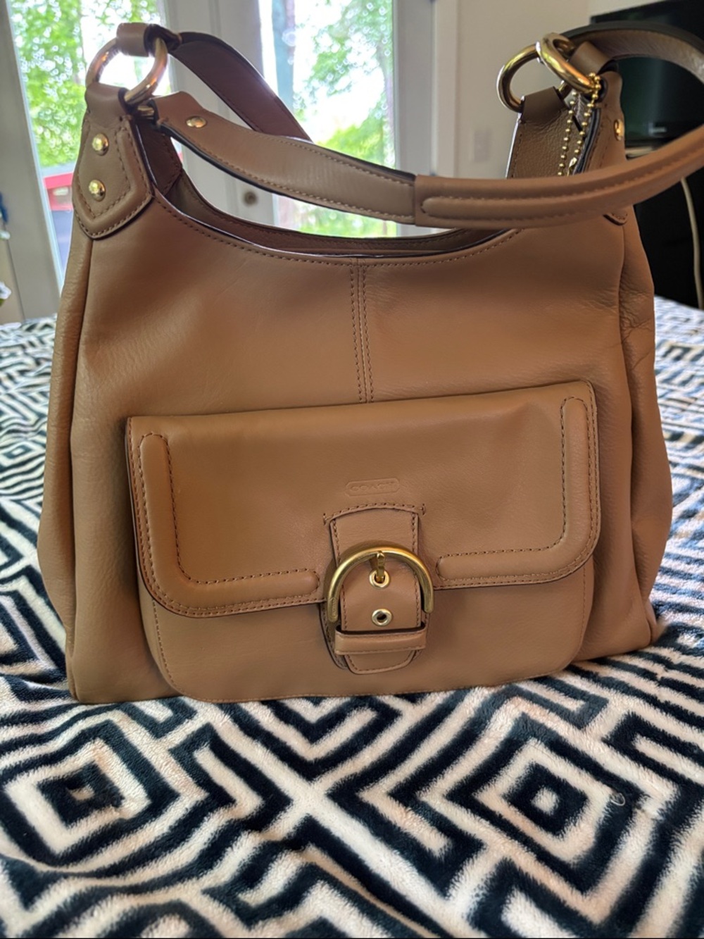 Coach Tan Leather Hobo Shoulder Bag with Front Buckle Pocket